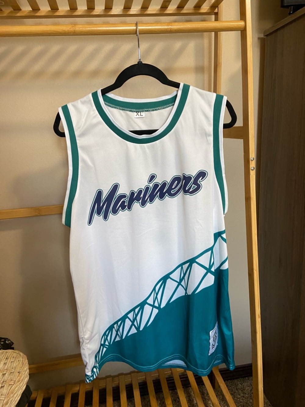 Mariners White Mesh Sleeveless Jersey with Teal Green Rib Trim - Crawford #3